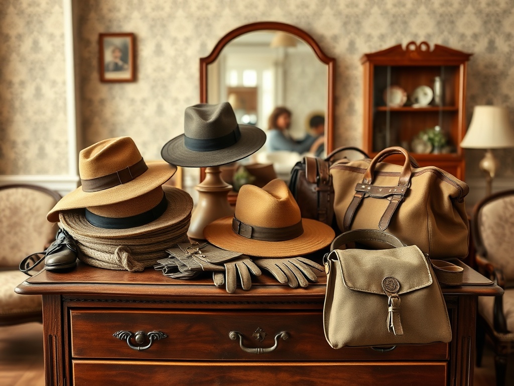 Obiecte de modă vintage, inclusiv pălării, mănuși și genți, aranjate pe o masă dintr-un interior elegant.
