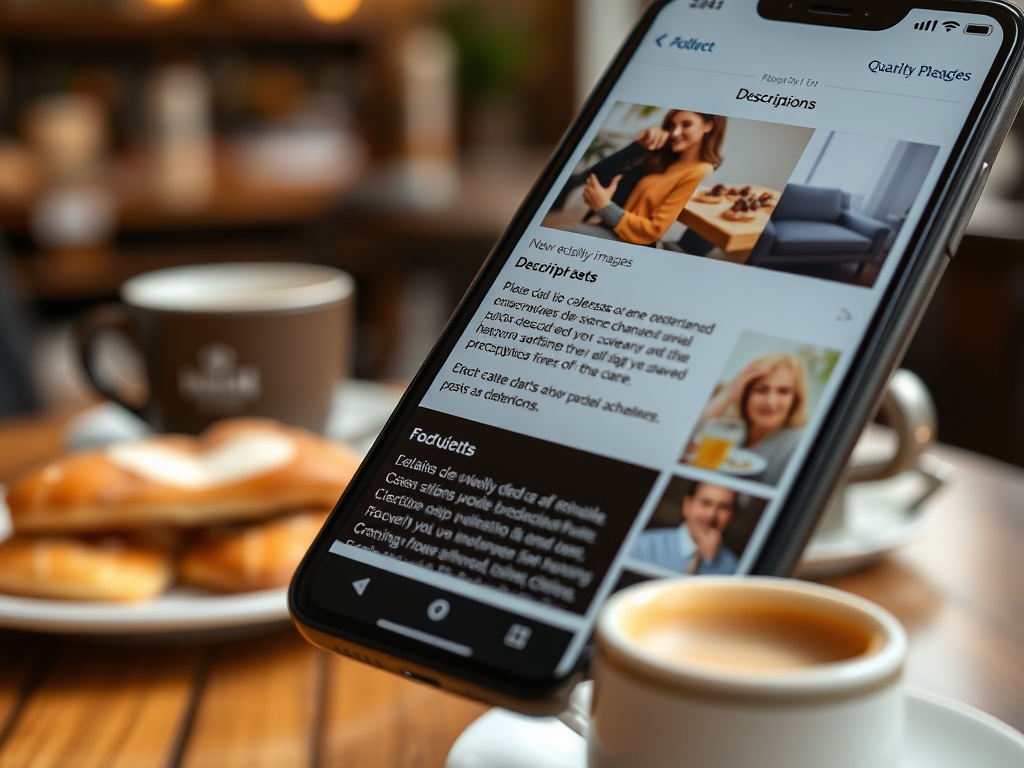 Un telefon mobil afișează o aplicație cu descrieri, în mijlocul unei mese cu cafea și croissant.